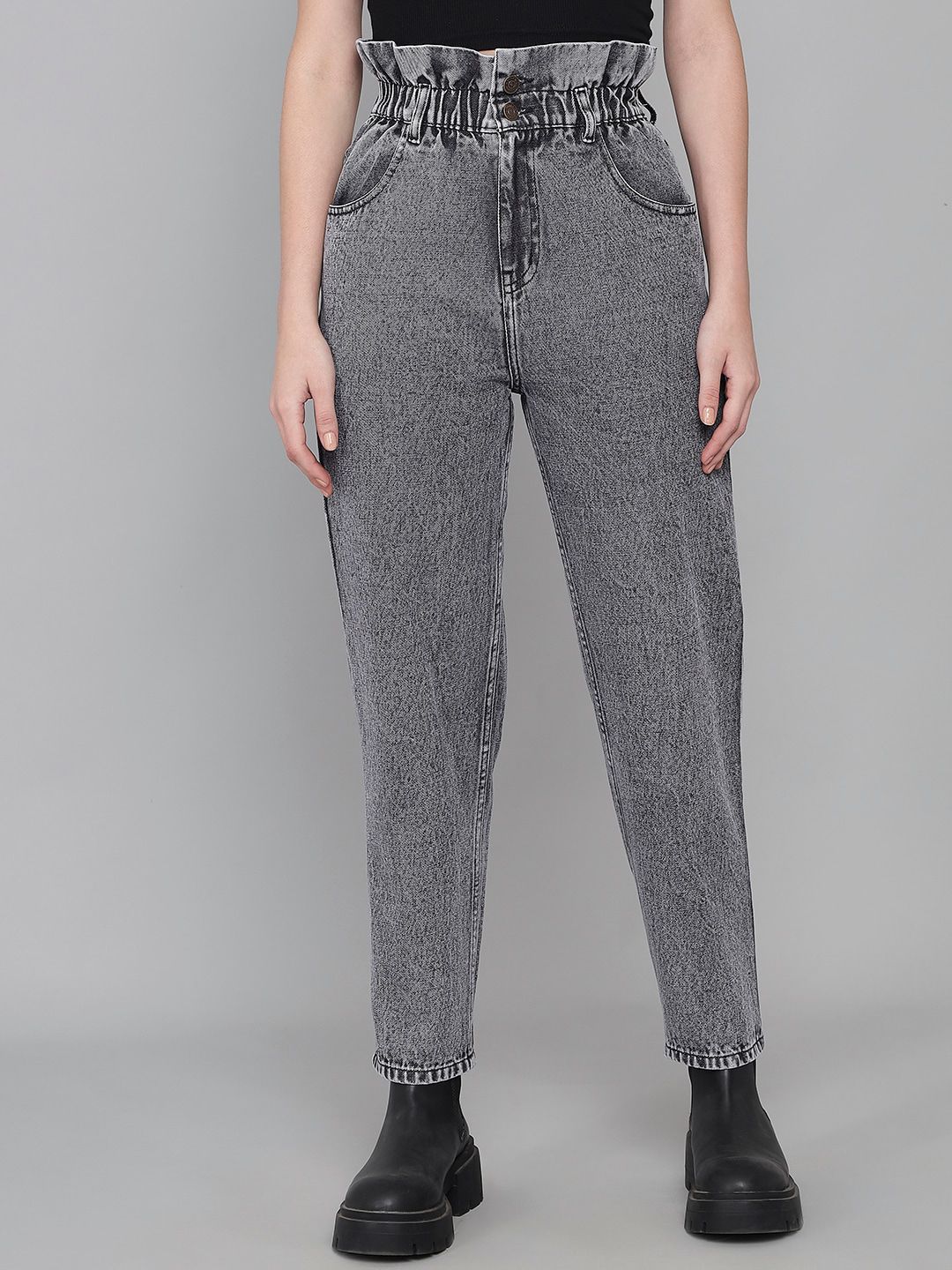 Kotty Women Charcoal Jean Boyfriend Fit High-Rise Heavy Fade Pure Cotton Jeans