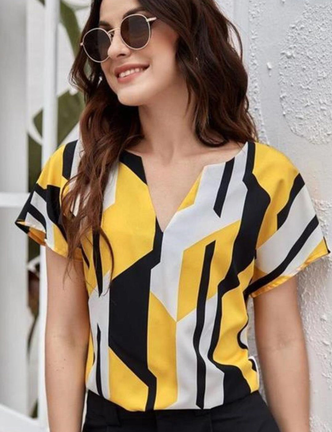 Kotty Yellow Abstract Printed Extended Sleeves Top