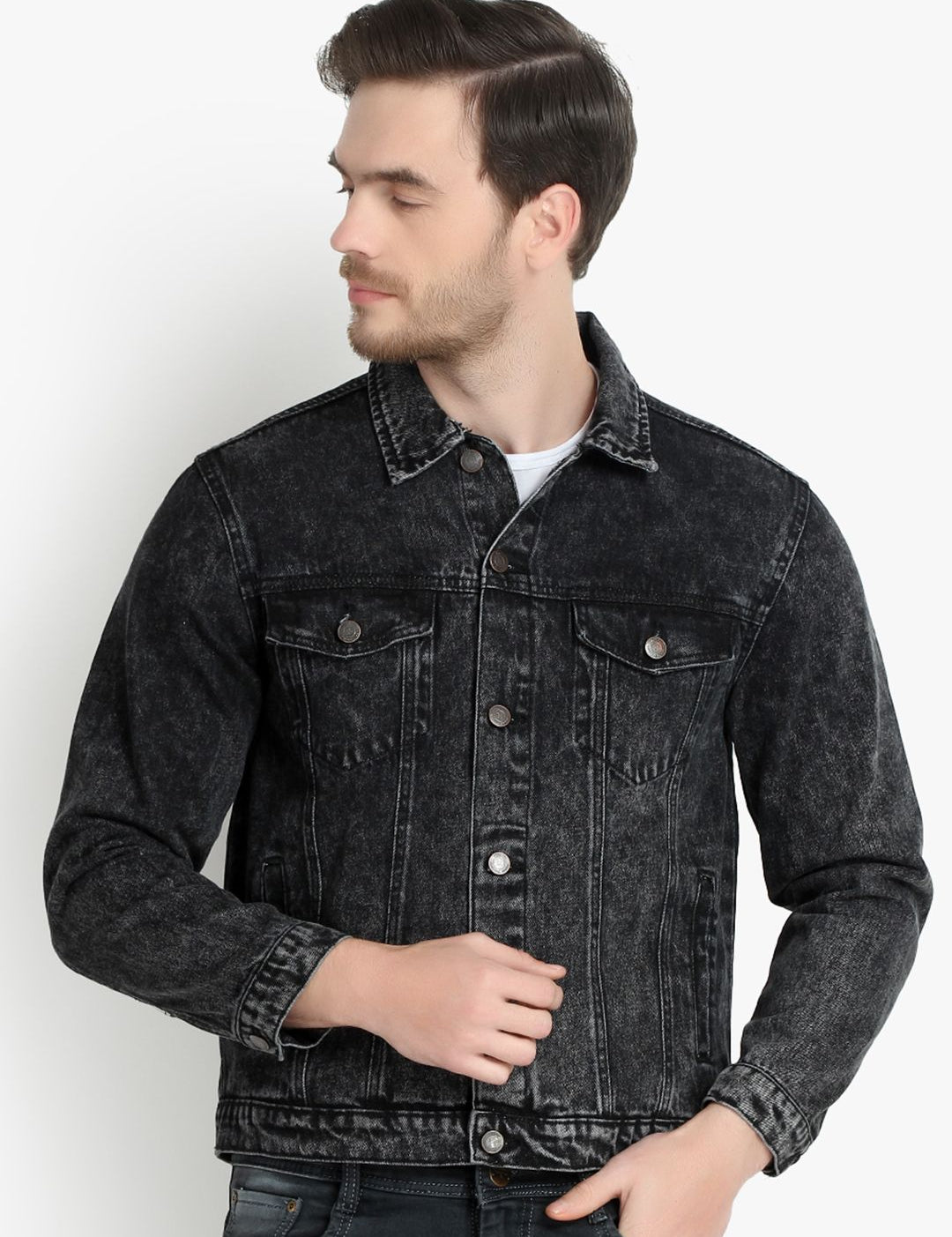Kotty Men Black Solid Denim Jacket