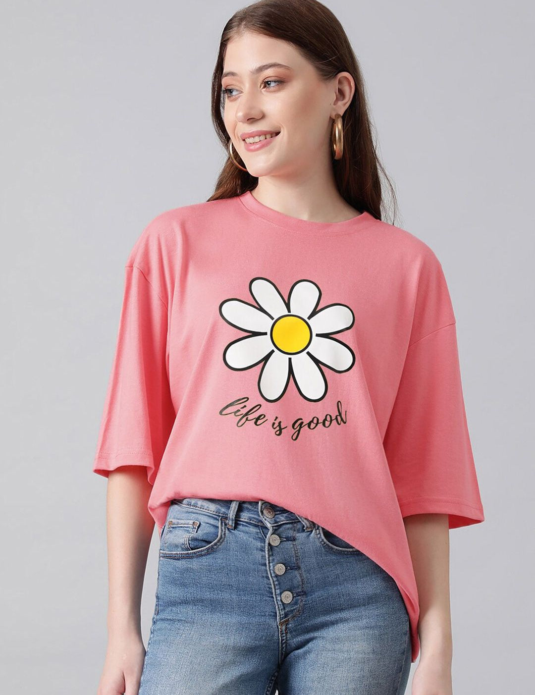 KOTTY Basics Graphic Printed Drop-Shoulder Sleeves Oversized T-shirt