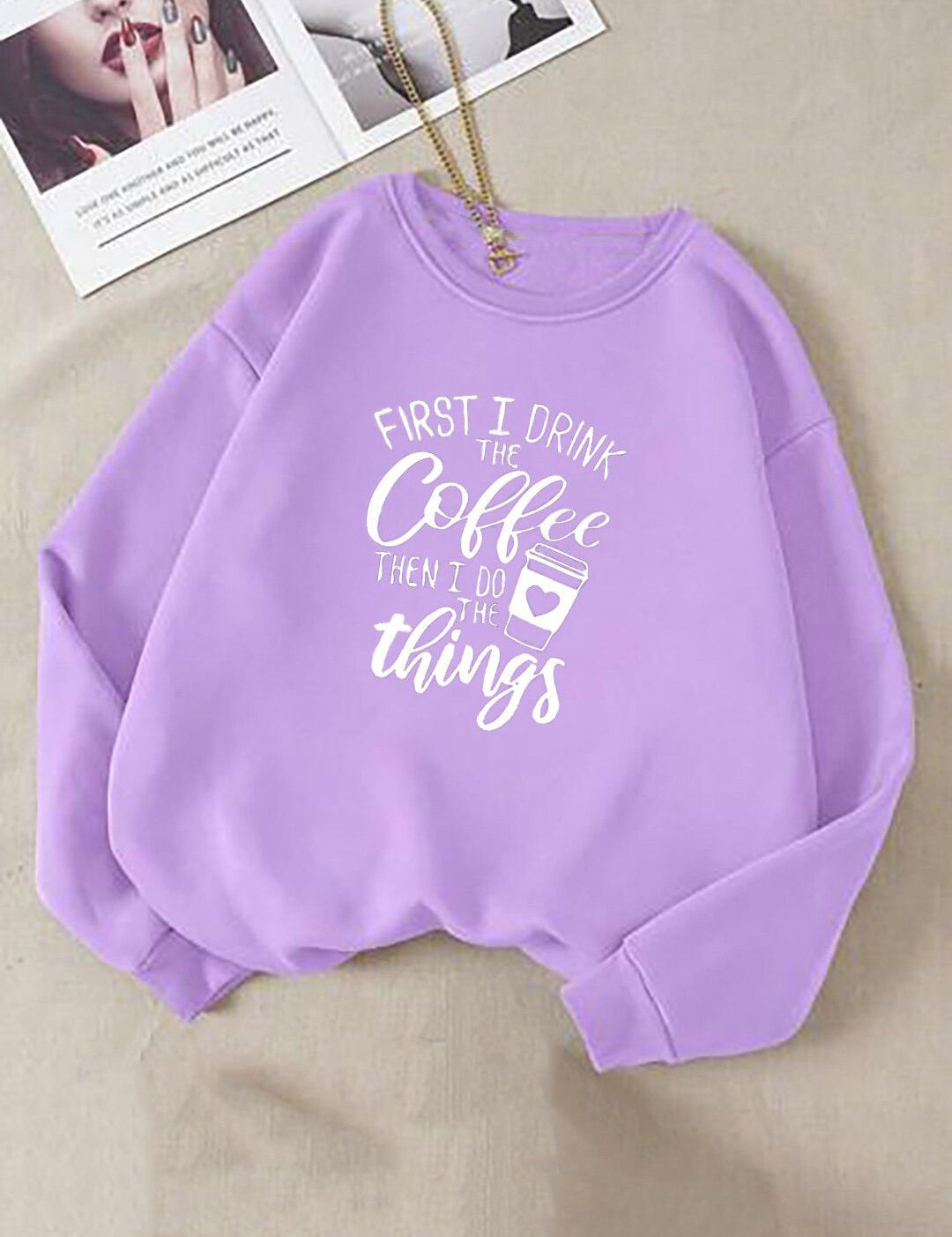 Kotty Typography Printed Round Neck Fleece Pullover Sweatshirt