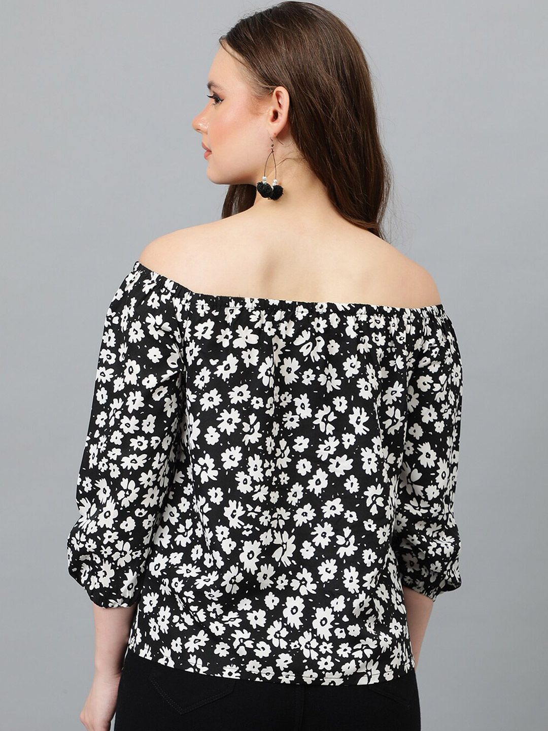 Kotty Black Floral Print Off-Shoulder Puff Sleeve Crepe Bardot Top
