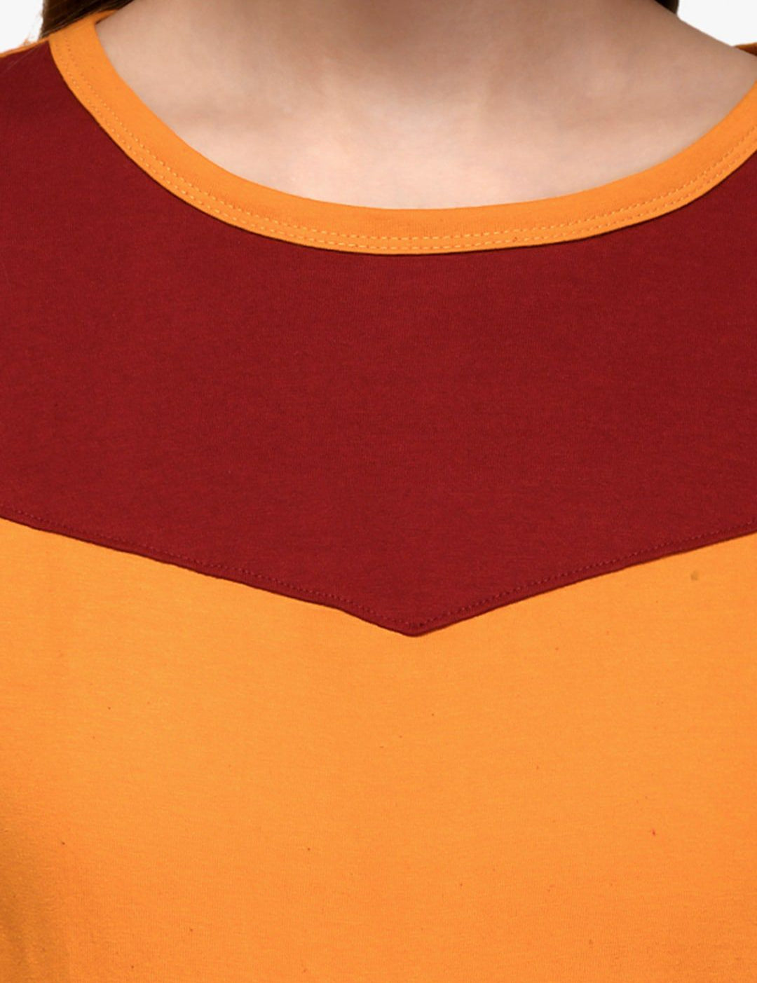 Kotty Women Maroon & Orange Colourblocked Boat Neck T-shirt