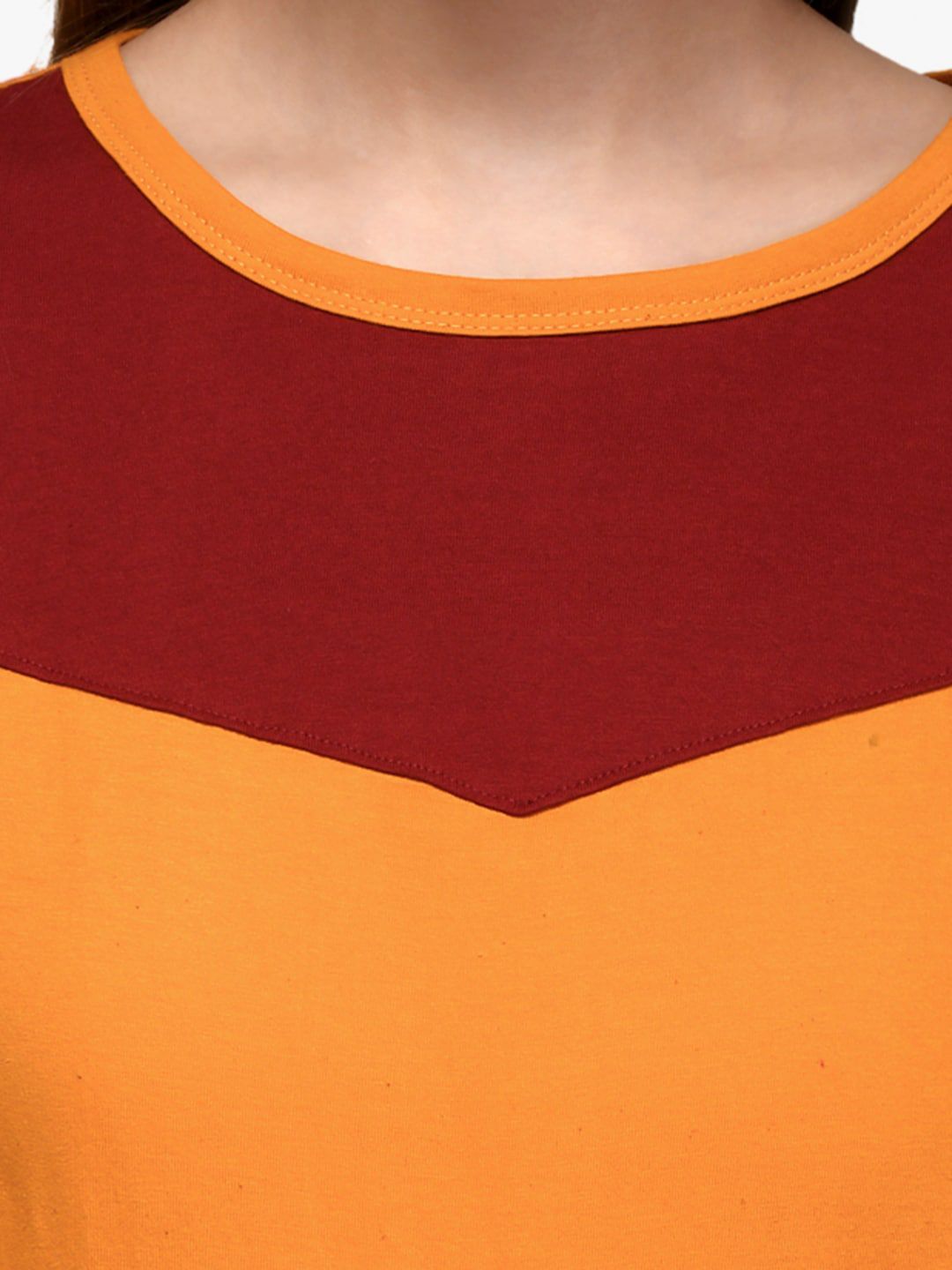 Kotty Women Maroon & Orange Colourblocked Boat Neck T-shirt