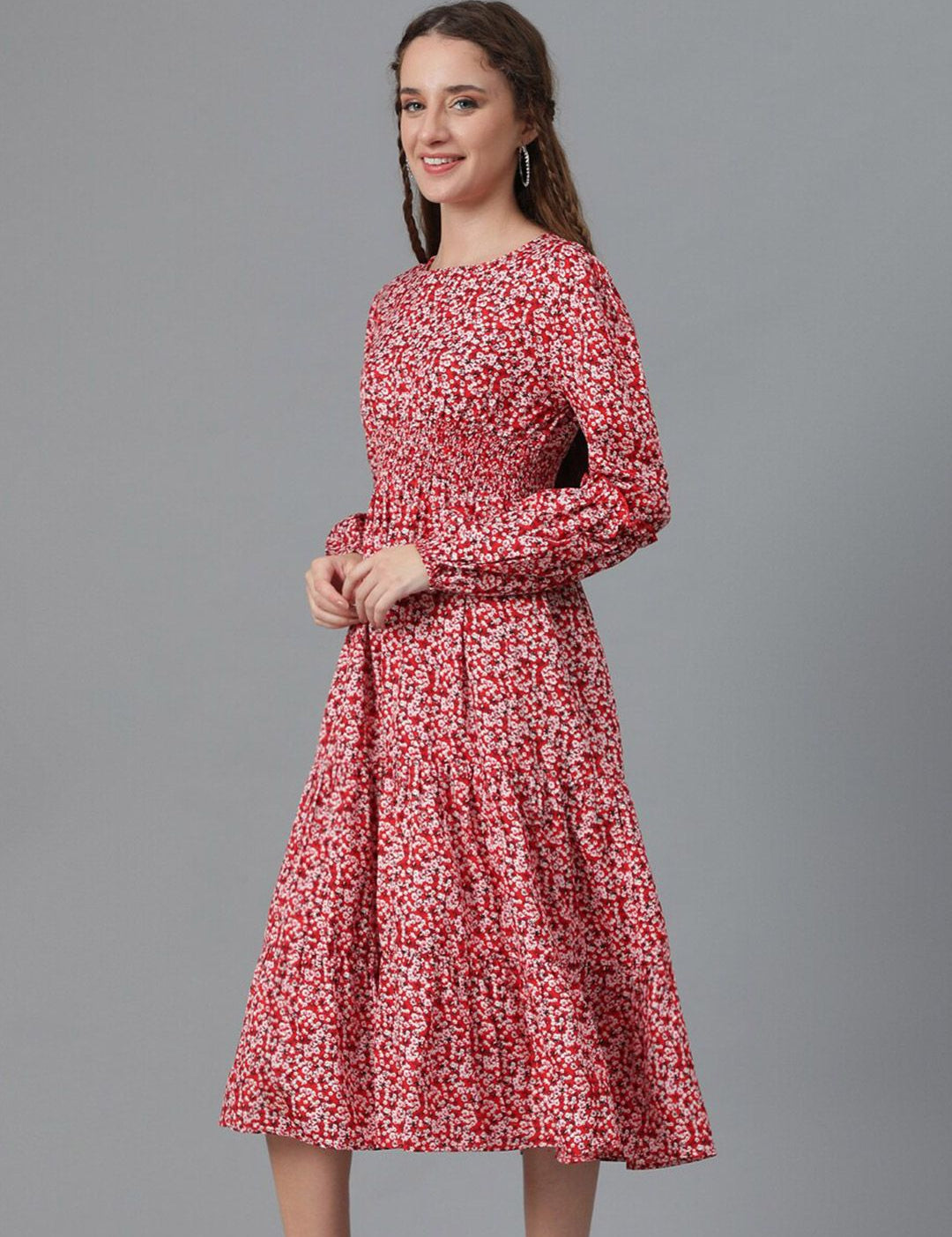 Kotty Red Floral Print Puff Sleeve Fit & Flare Midi Dress