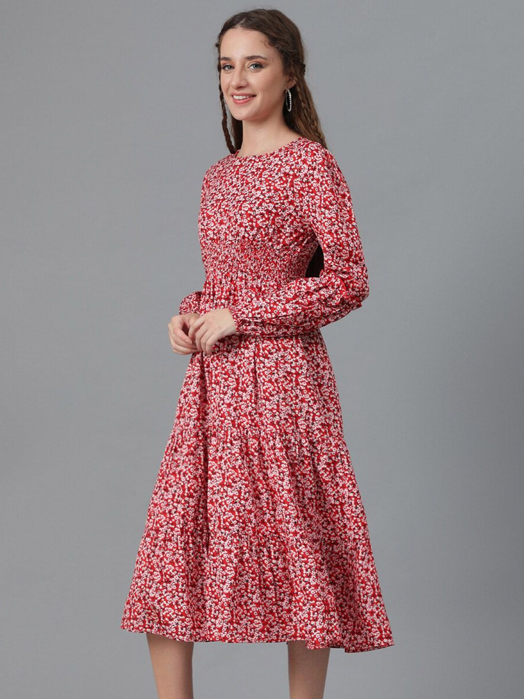 Kotty Red Floral Print Puff Sleeve Fit & Flare Midi Dress