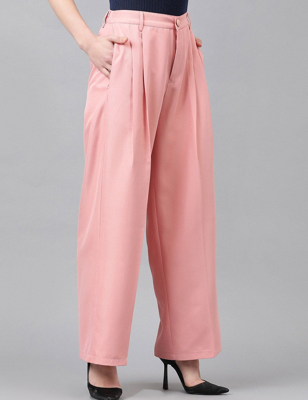 CURVE BY KOTTY BIZwear Women Relaxed Straight Leg High-Rise Easy Wash Pleated Trouser