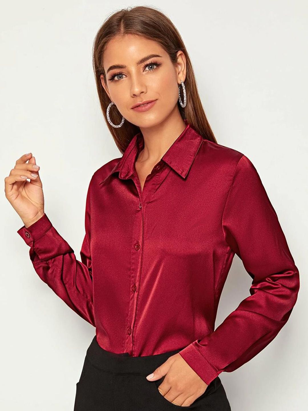 KOTTY BIZwear Maroon Modern Spread Collar Satin Casual Shirt
