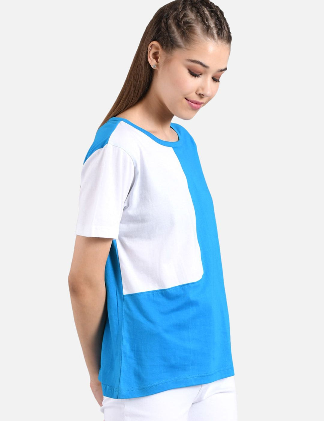 Kotty Women White & Blue Colourblocked Round Neck T-shirt