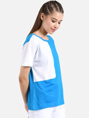 Kotty Women White & Blue Colourblocked Round Neck T-shirt