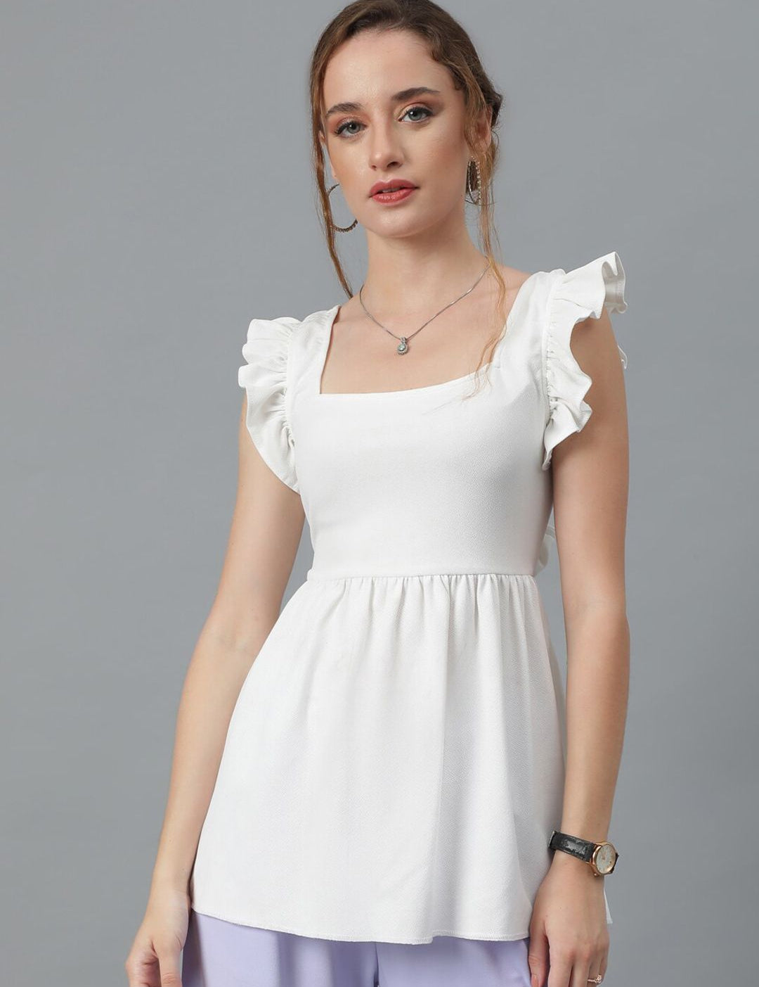 Kotty White Square Neck Flutter Sleeves A-Line Top