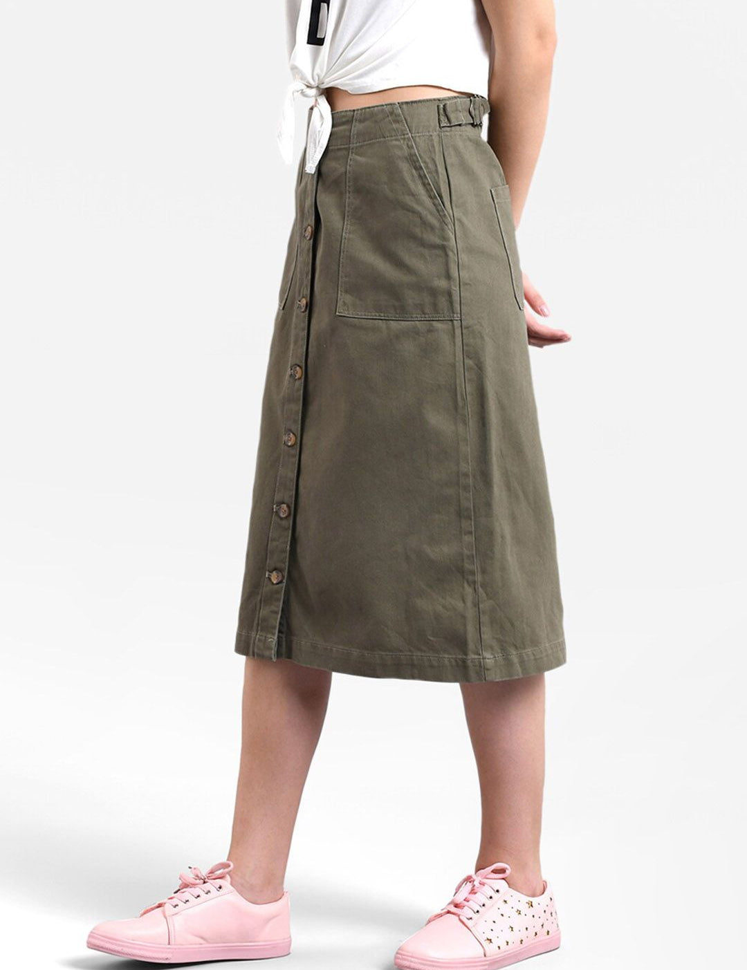 Kotty Women Olive Green Solid Midi A-Line Skirt