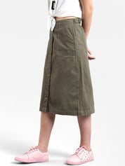 Kotty Women Olive Green Solid Midi A-Line Skirt