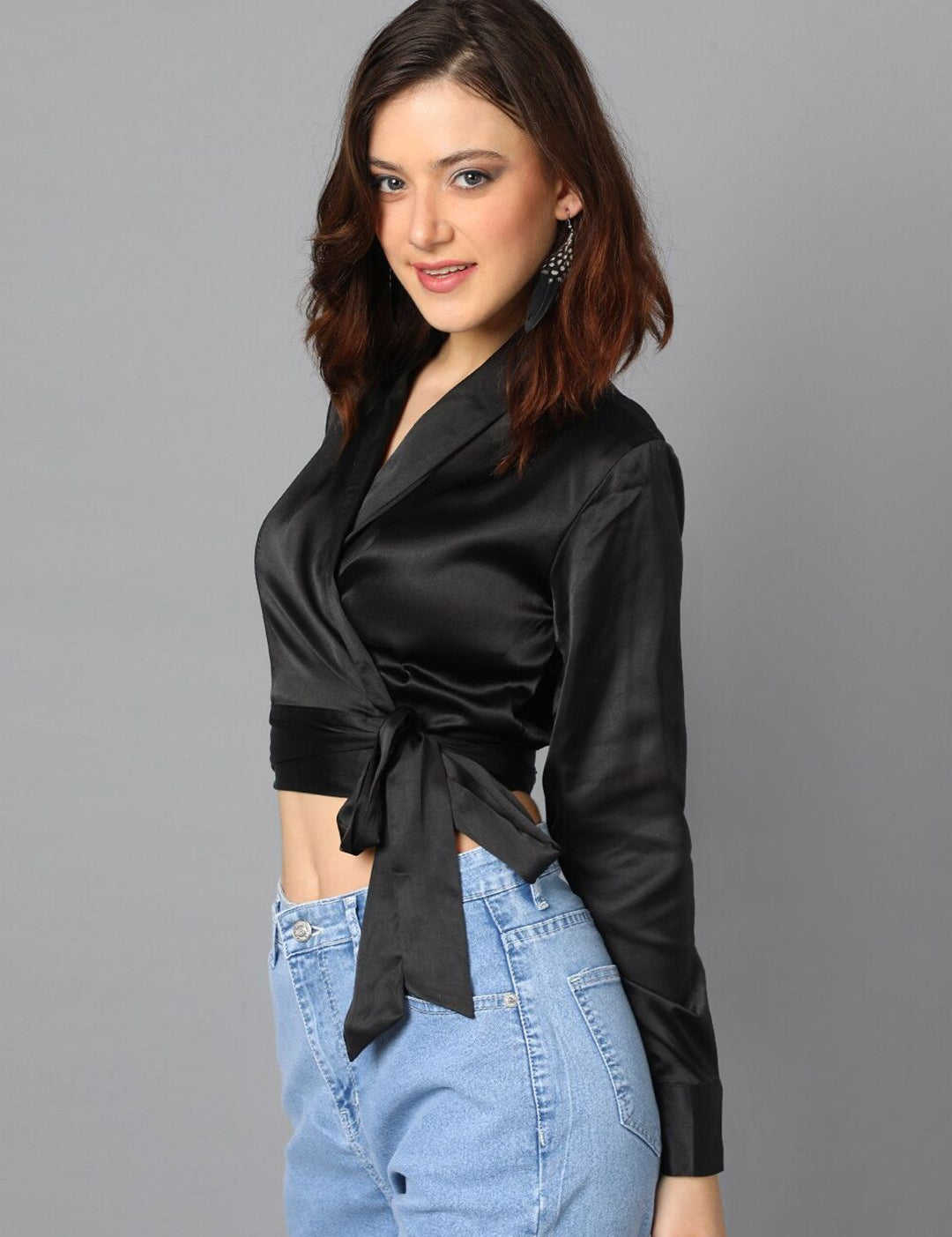 Kotty V-Neck Satin Wrap Crop Top