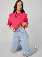 Kotty Round Neck Drop-Shoulder Sleeves Oversized Crop T-shirt