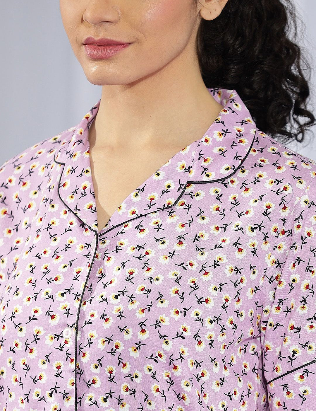 Kotty Purple & White Floral Printed Night Suit