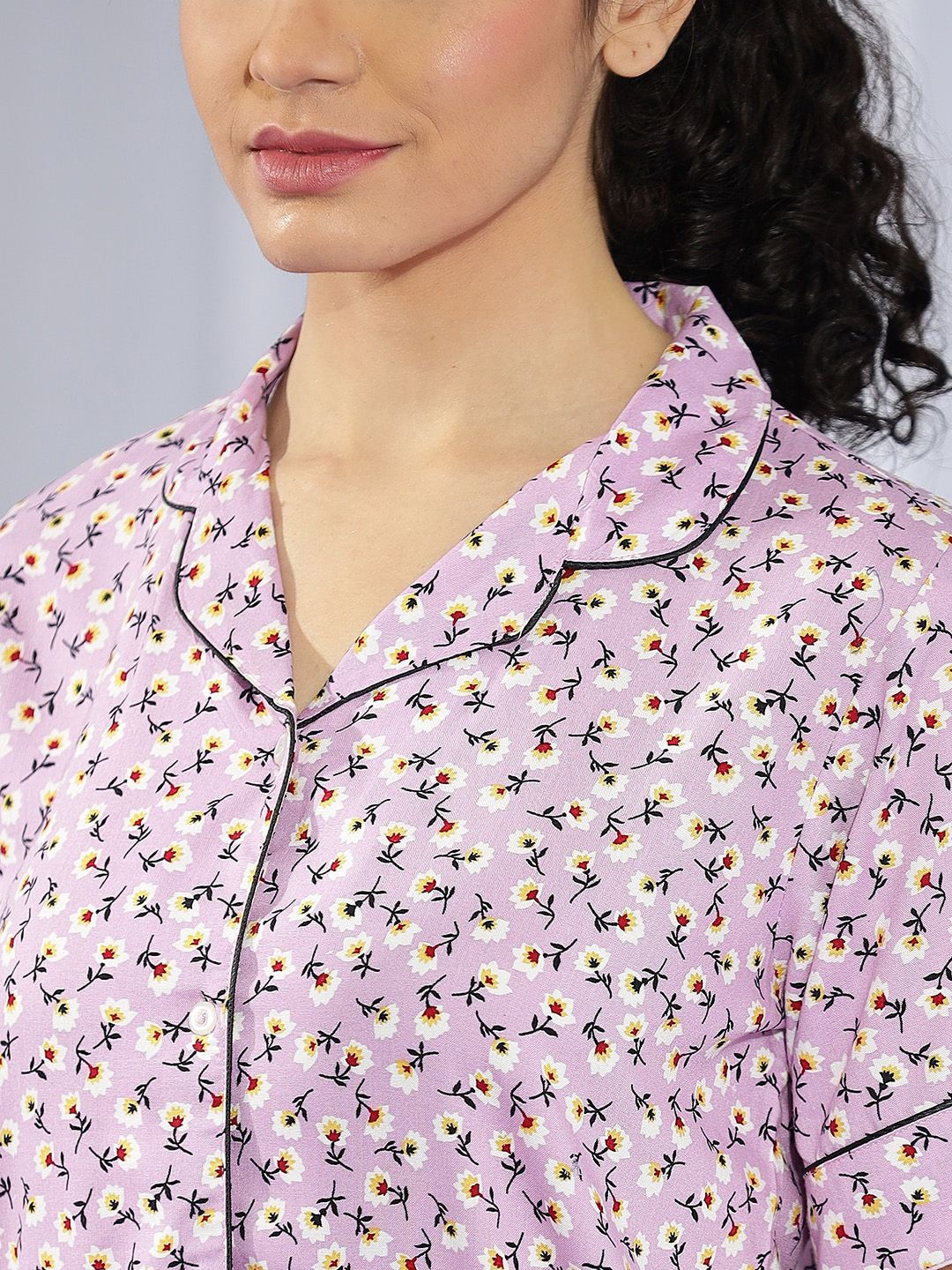 Kotty Purple & White Floral Printed Night Suit