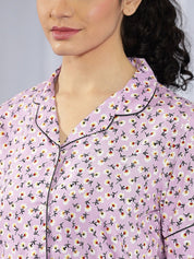 Kotty Purple & White Floral Printed Night Suit