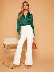 KOTTY BIZwear Green V-Neck Cuffed Sleeves Satin Top