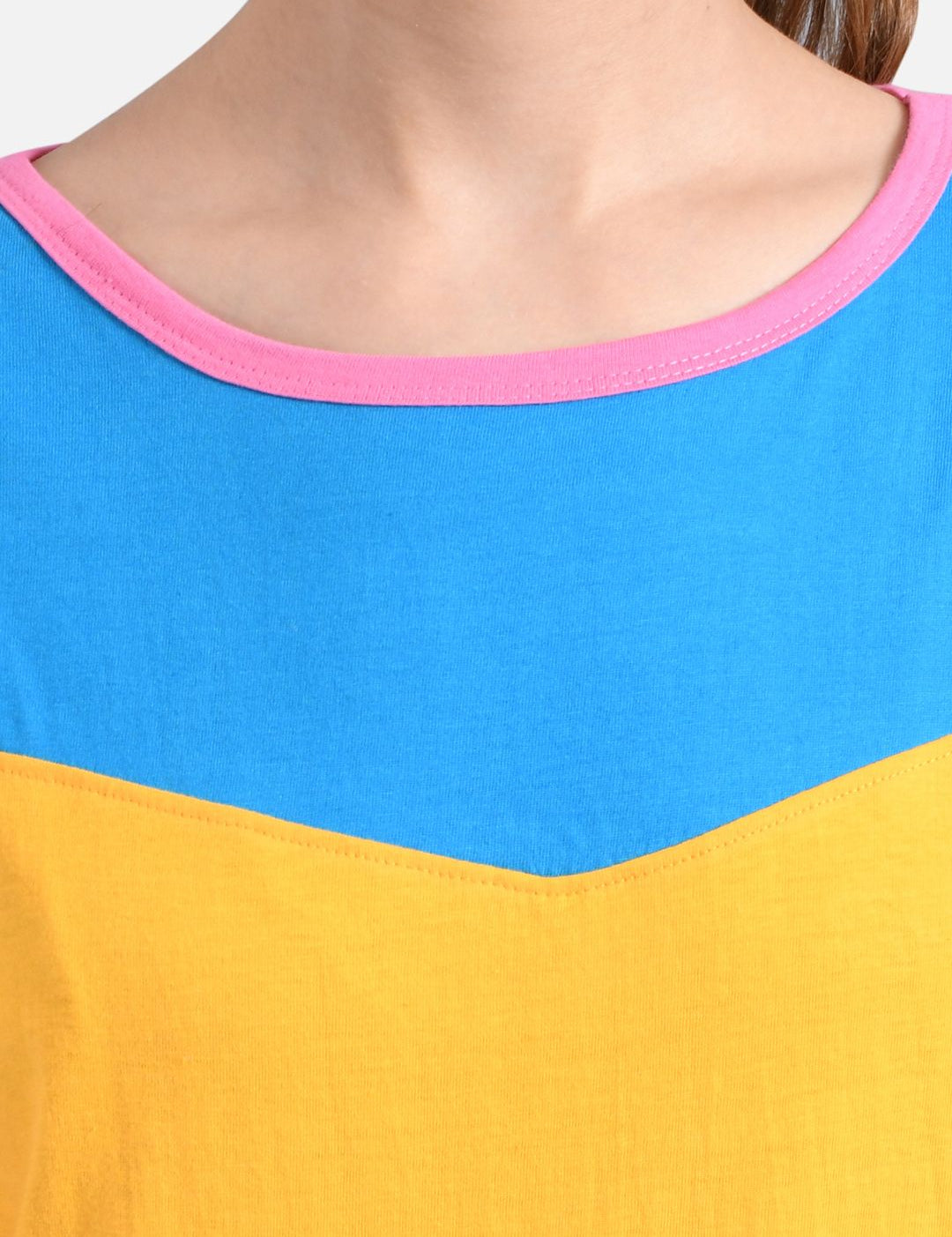 Kotty Women Pink & Yellow Colourblocked Round Neck T-shirt