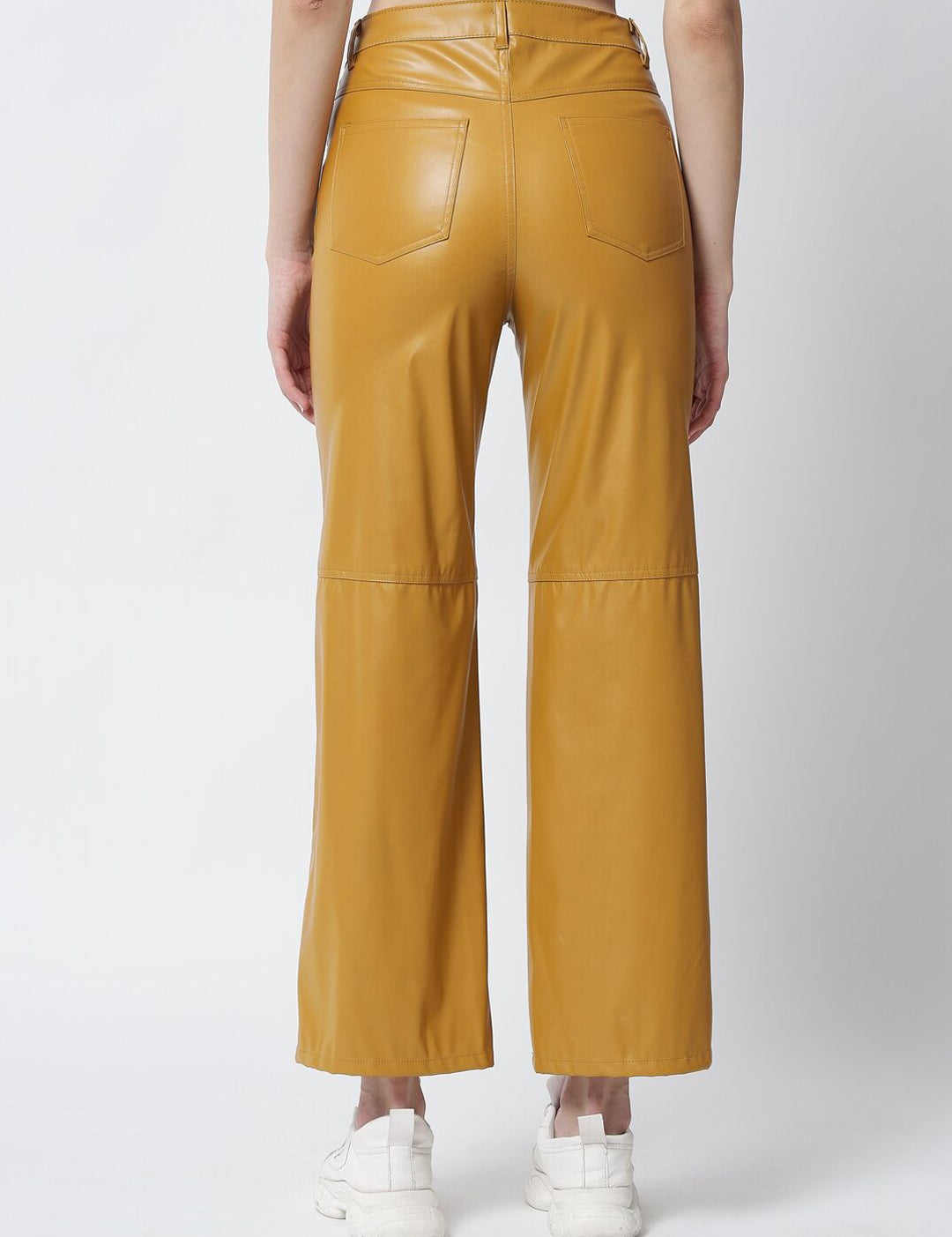 Kotty Women Yellow Solid Relaxed Straight Fit Leather Trousers