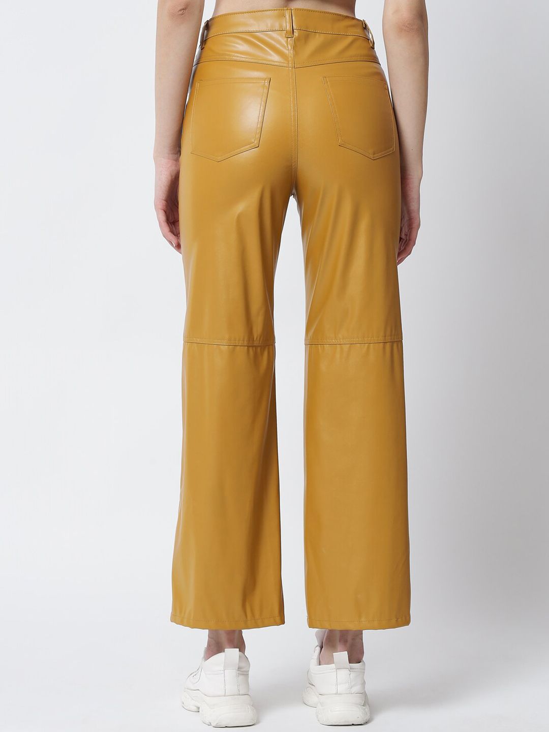 Kotty Women Yellow Solid Relaxed Straight Fit Leather Trousers