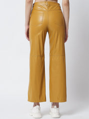 Kotty Women Yellow Solid Relaxed Straight Fit Leather Trousers