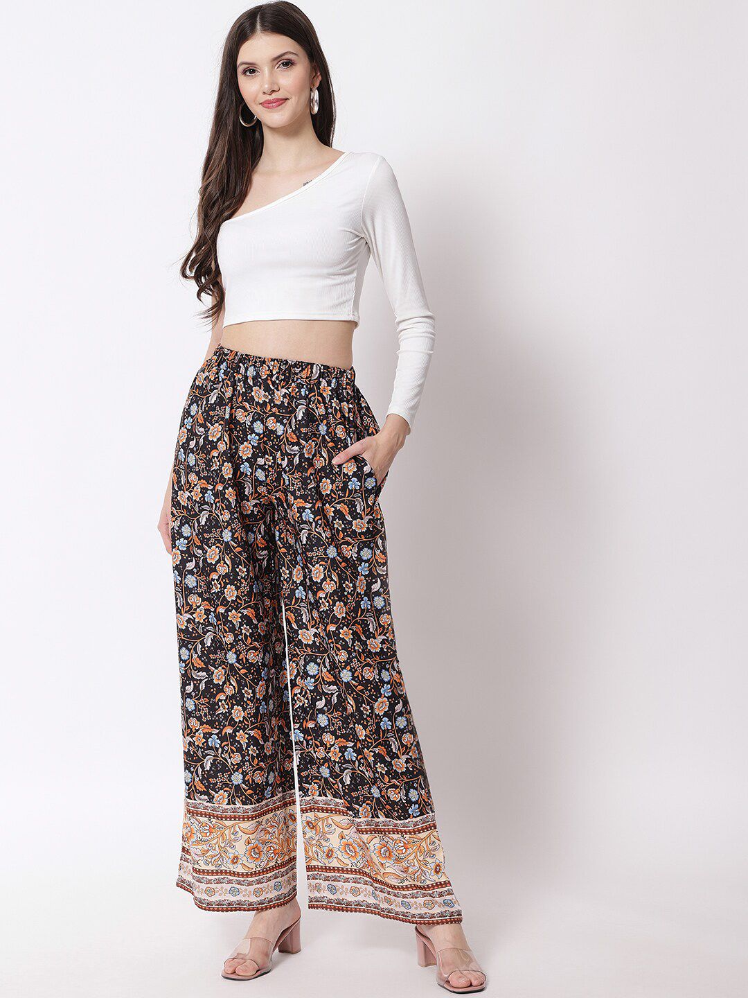 Kotty Women Brown Ethnic Motifs Printed Relaxed Flared High-Rise Easy Wash Trousers