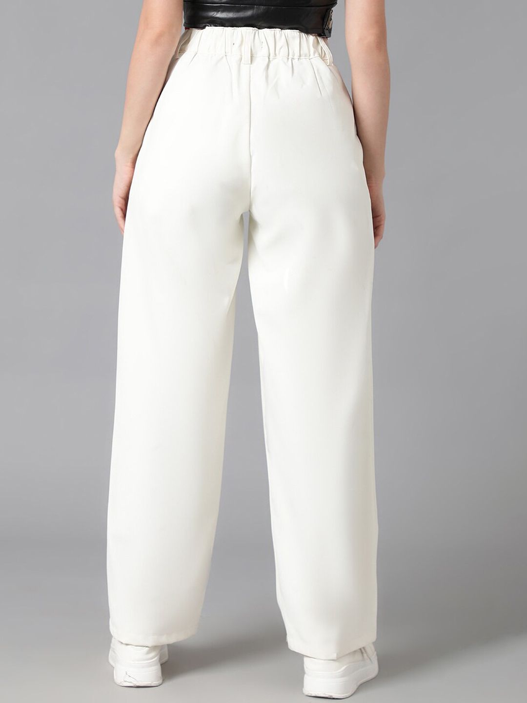 Kotty Women White Relaxed Straight Leg Straight Fit High-Rise Easy Wash Pleated Trousers