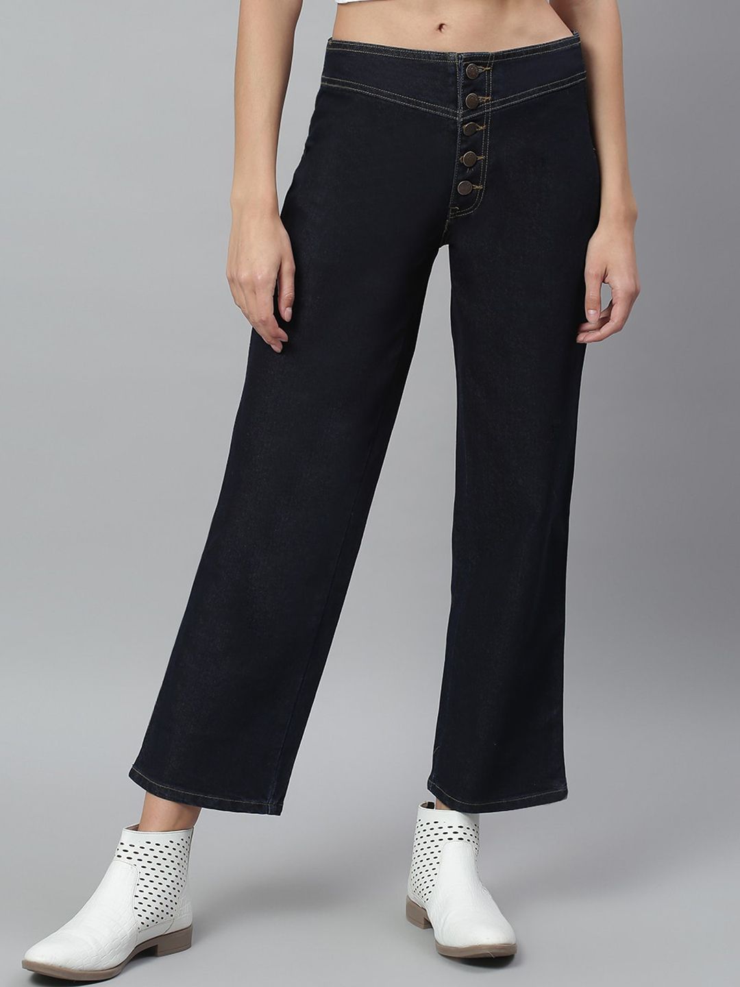 Kotty Women Navy Blue Flared High-Rise Stretchable Cropped Jeans