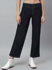 Kotty Women Navy Blue Flared High-Rise Stretchable Cropped Jeans