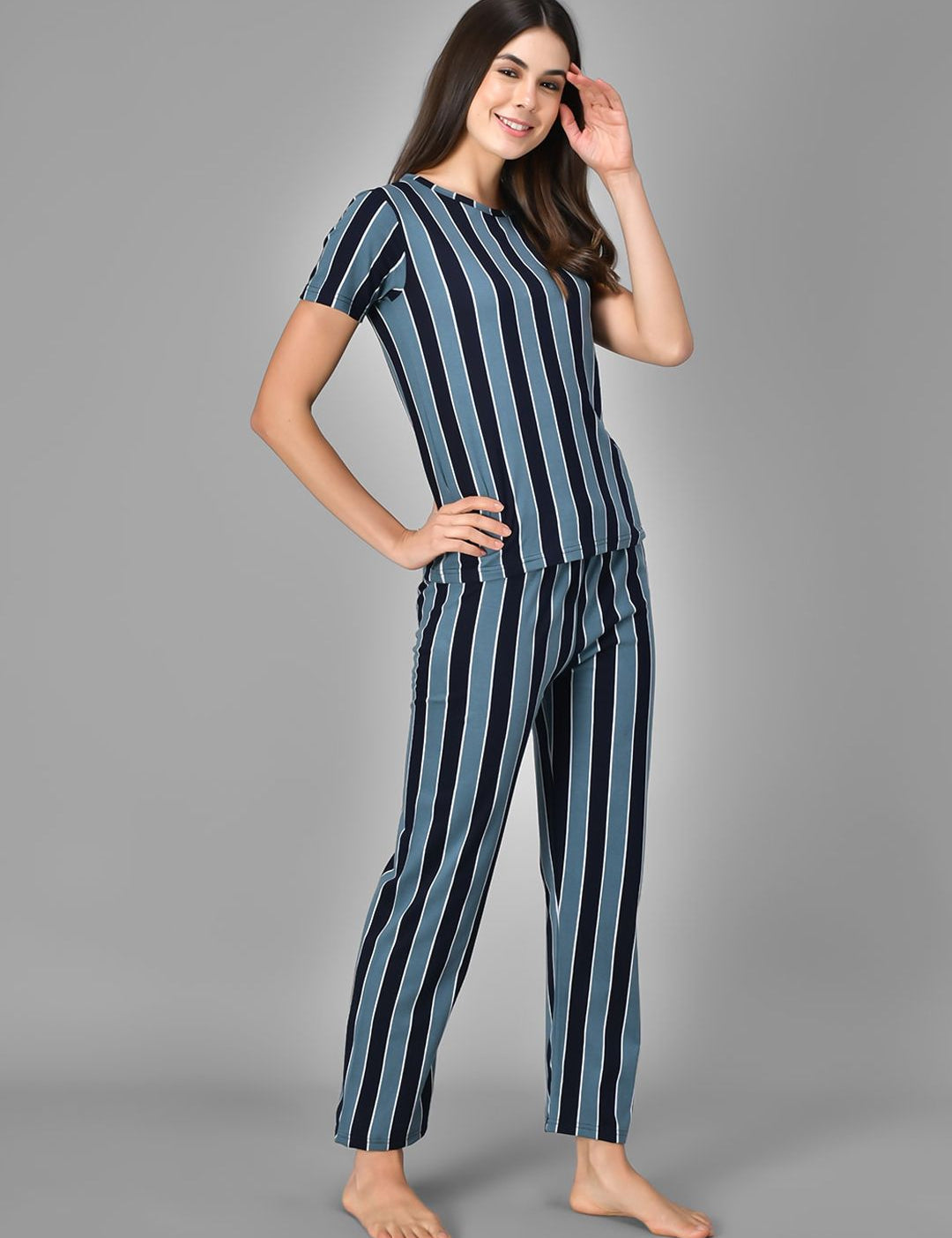 Kotty Women Blue & Black Striped Night Suit