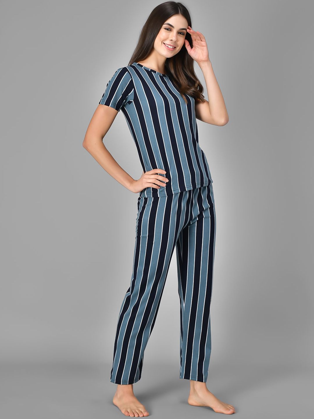 Kotty Women Blue & Black Striped Night Suit