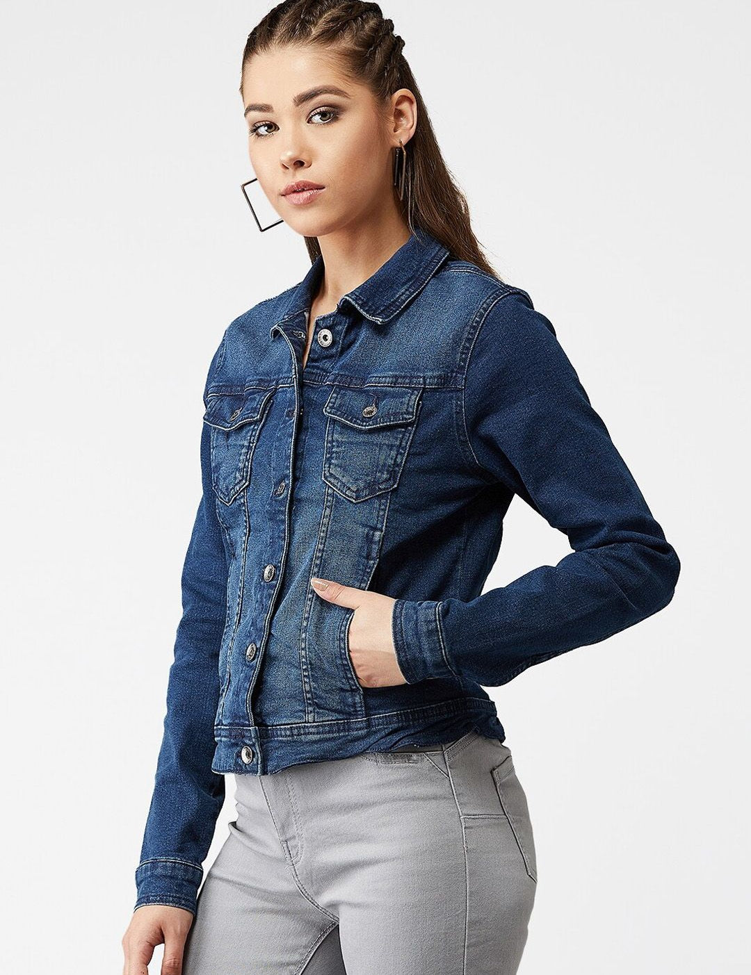 Kotty Women Navy Blue Solid Denim Jacket