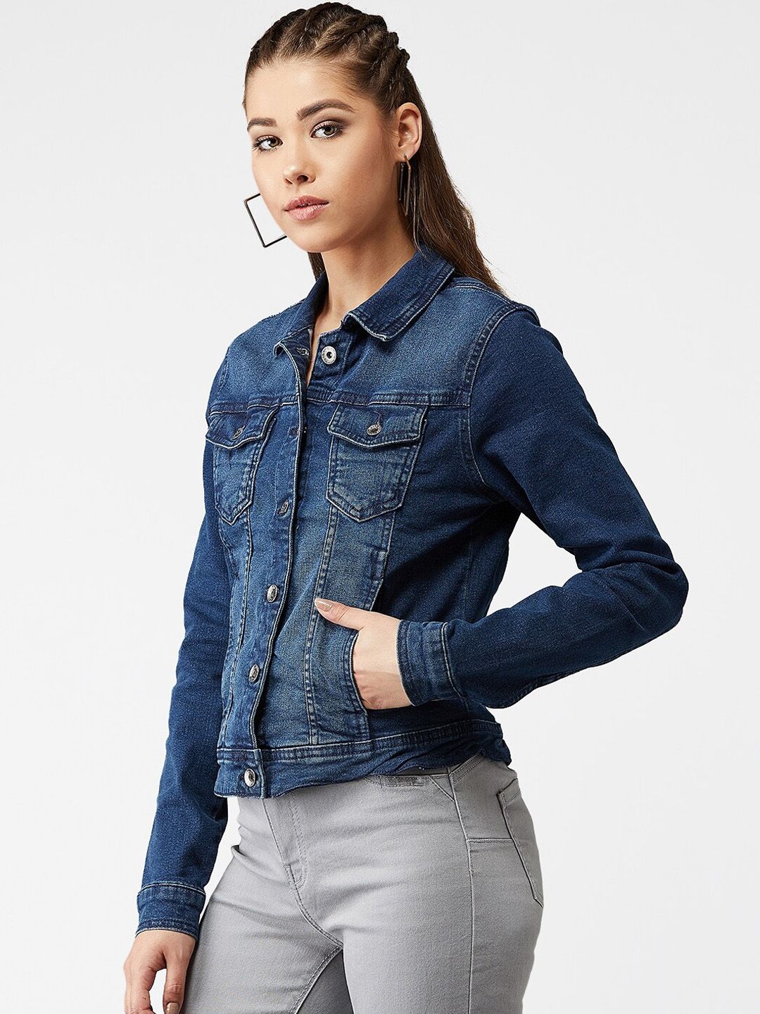 Kotty Women Navy Blue Solid Denim Jacket