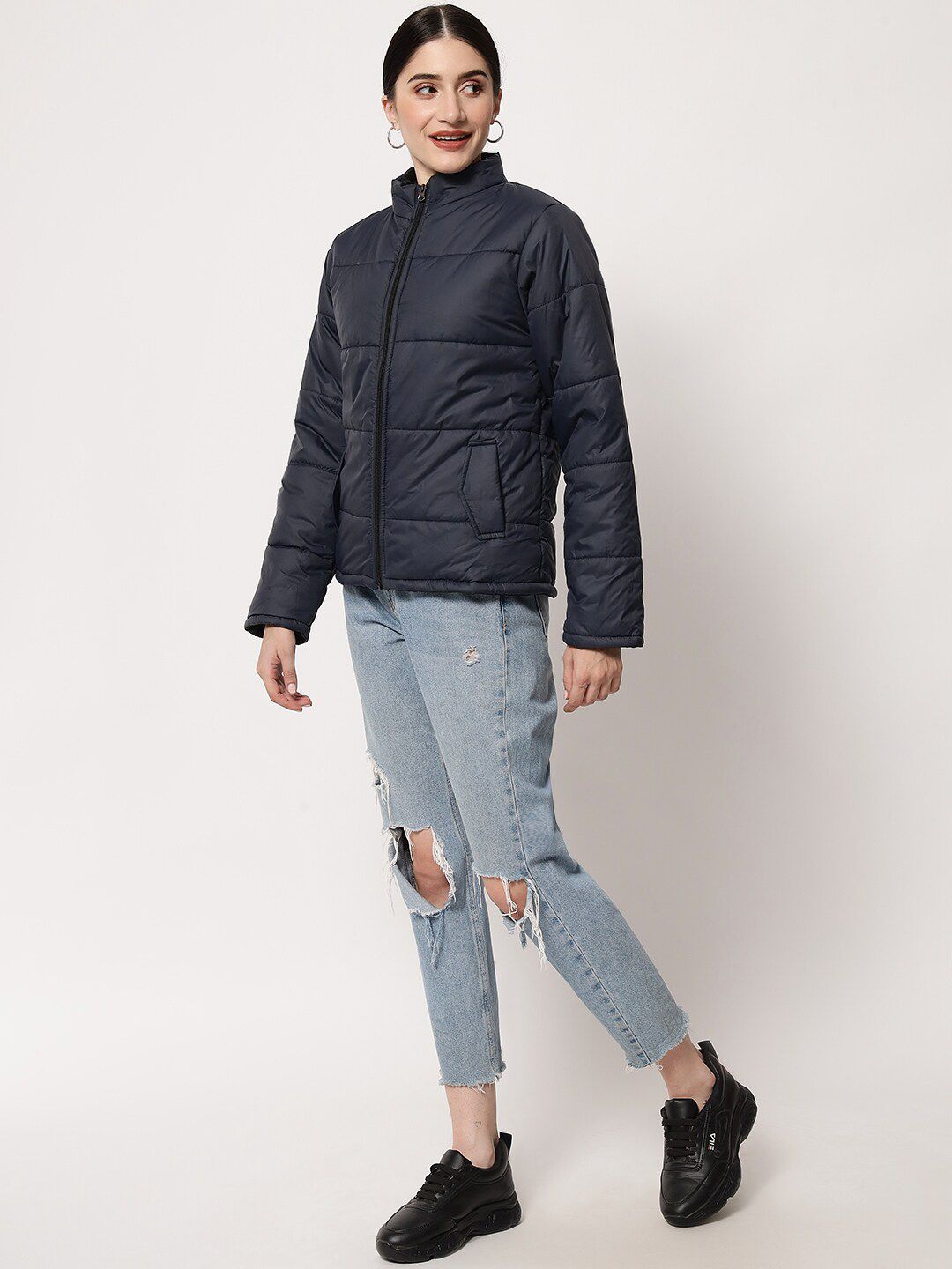 Kotty Women Navy Blue Solid Polyester Puffer Jacket