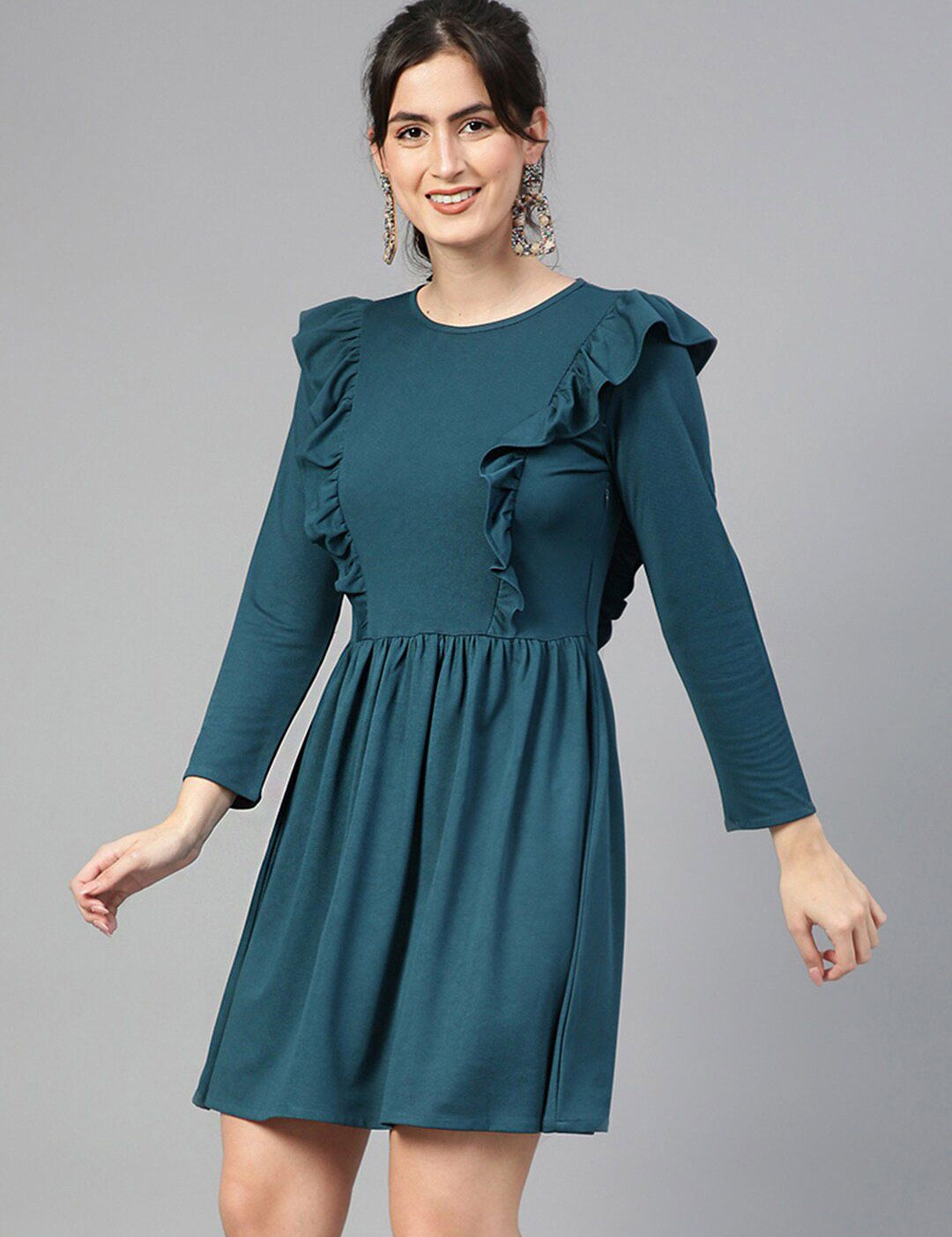 Kotty Green Ruffled Fit & Flare Knee Length Dress