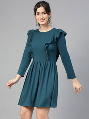 Kotty Green Ruffled Fit & Flare Knee Length Dress