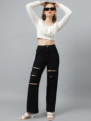 Kotty Women Black Jean Straight Fit High-Rise Highly Distressed Stretchable Jeans