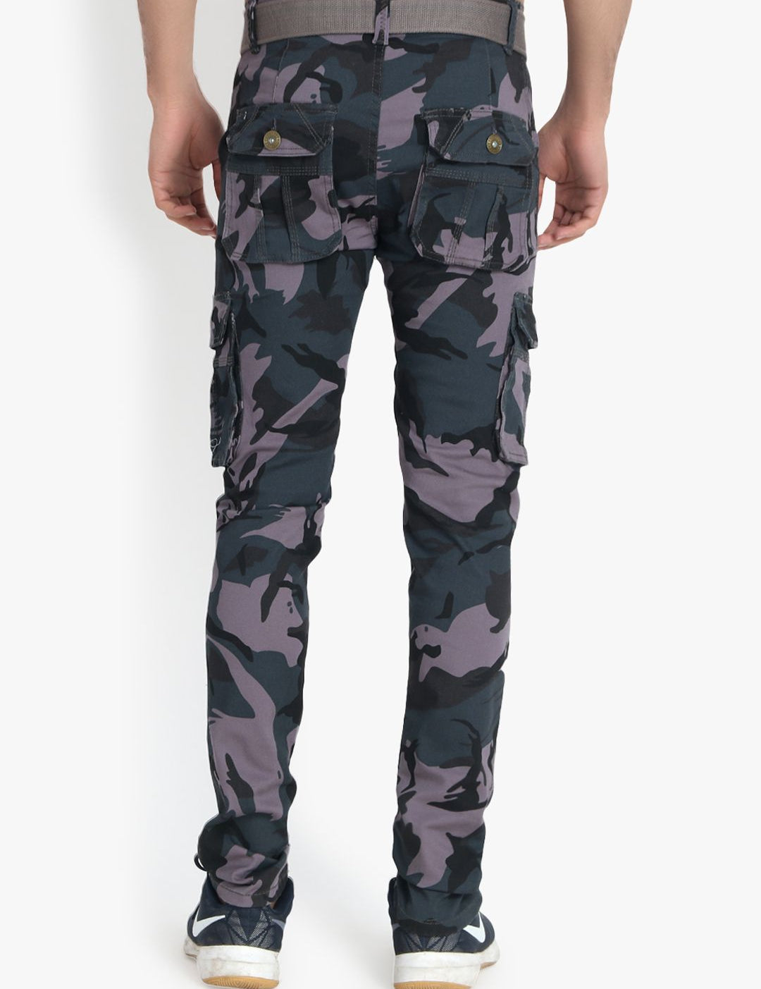 Kotty Men Grey & Blue Regular Fit Printed Cargos