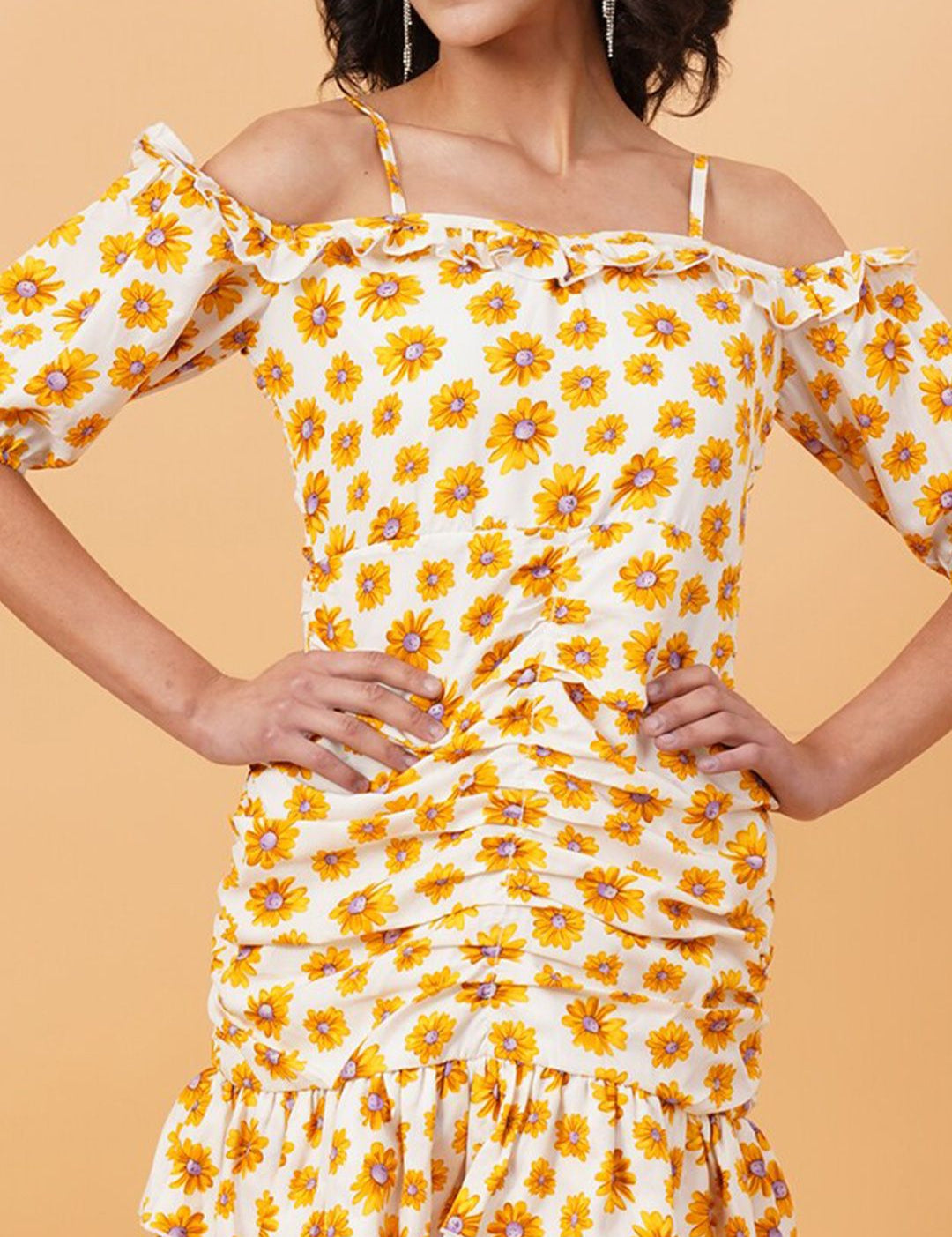 Kotty White & Yellow Floral Printed Cold Shoulder Sleeves Crepe Gathered Sheath