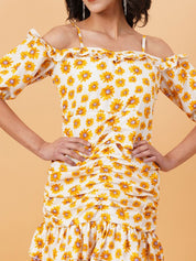 Kotty White & Yellow Floral Printed Cold Shoulder Sleeves Crepe Gathered Sheath