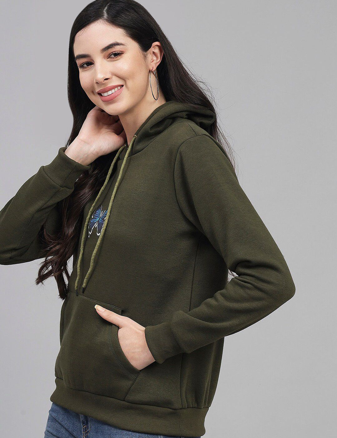 Kotty Women Olive Green Printed Hooded Sweatshirt