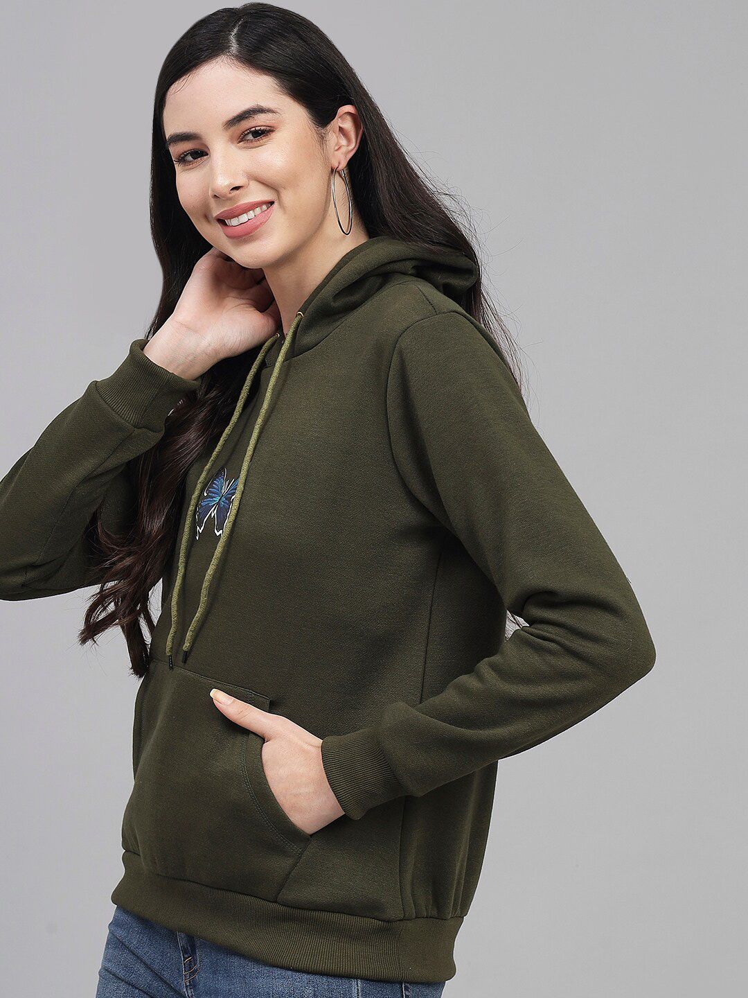 Kotty Women Olive Green Printed Hooded Sweatshirt