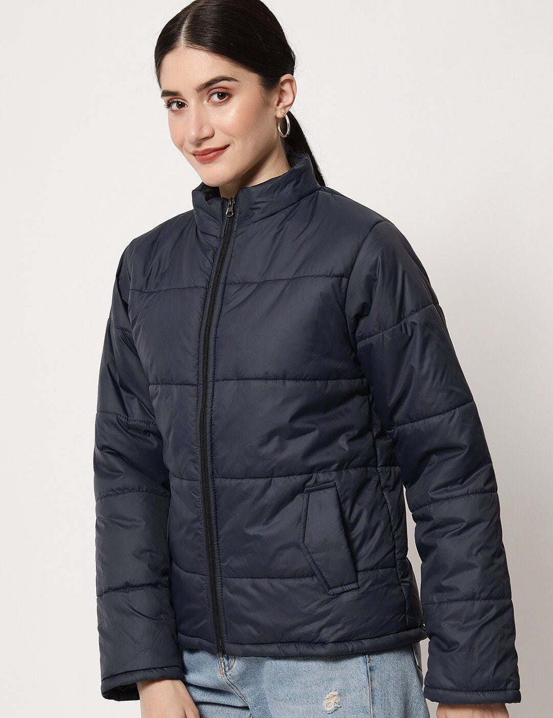 Kotty Women Navy Blue Solid Polyester Puffer Jacket