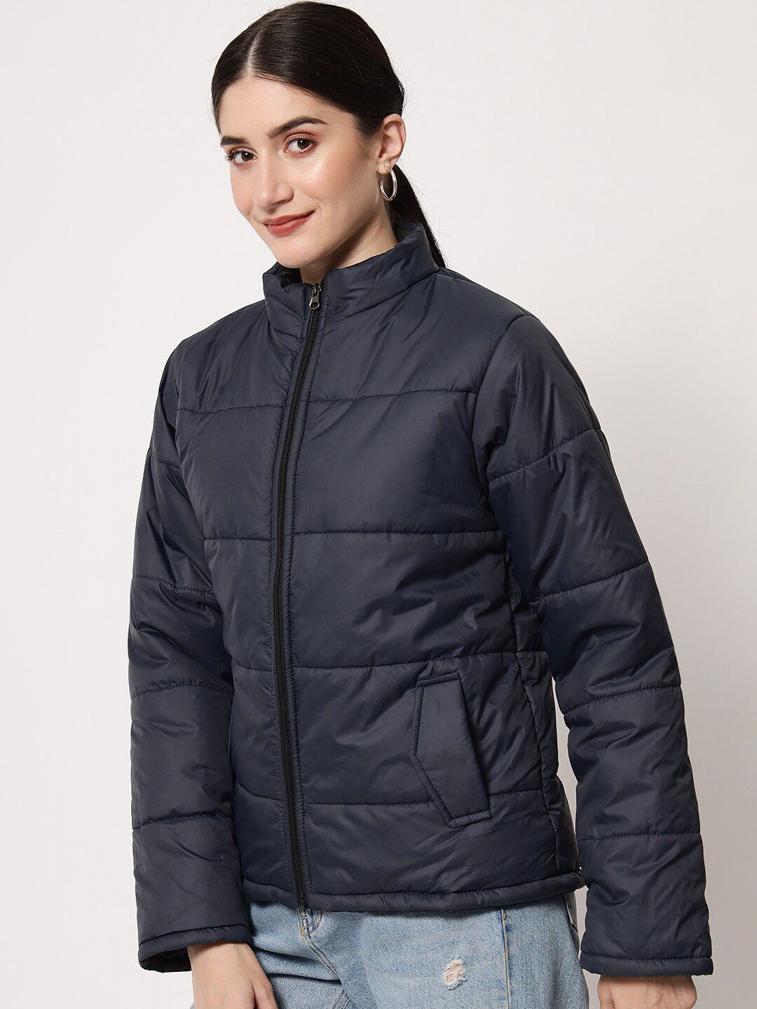 Kotty Women Navy Blue Solid Polyester Puffer Jacket