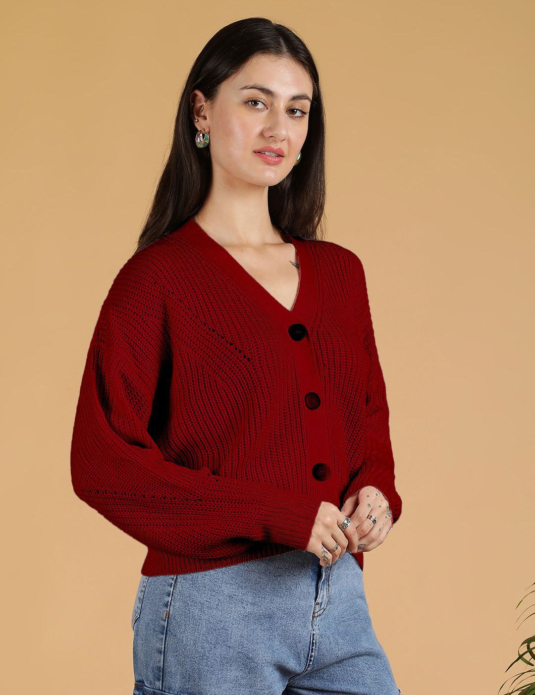 Kotty Women Solid V-Neck Cardigan