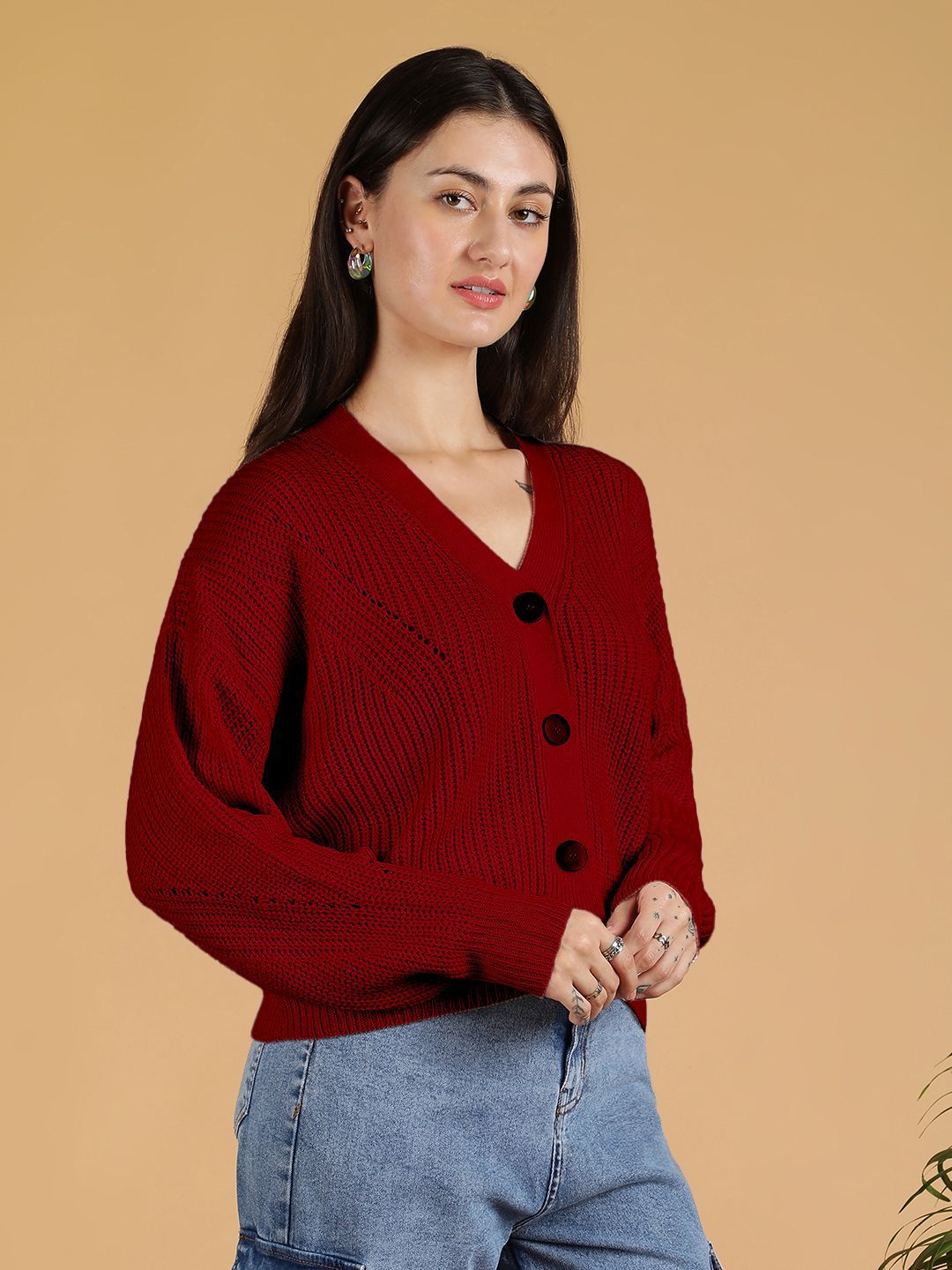 Kotty Women Solid V-Neck Cardigan