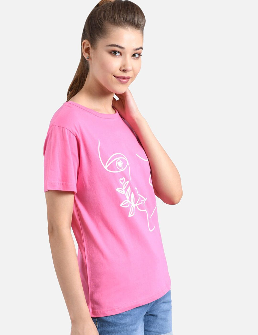 Kotty Women Pink & White Printed Round Neck T-shirt