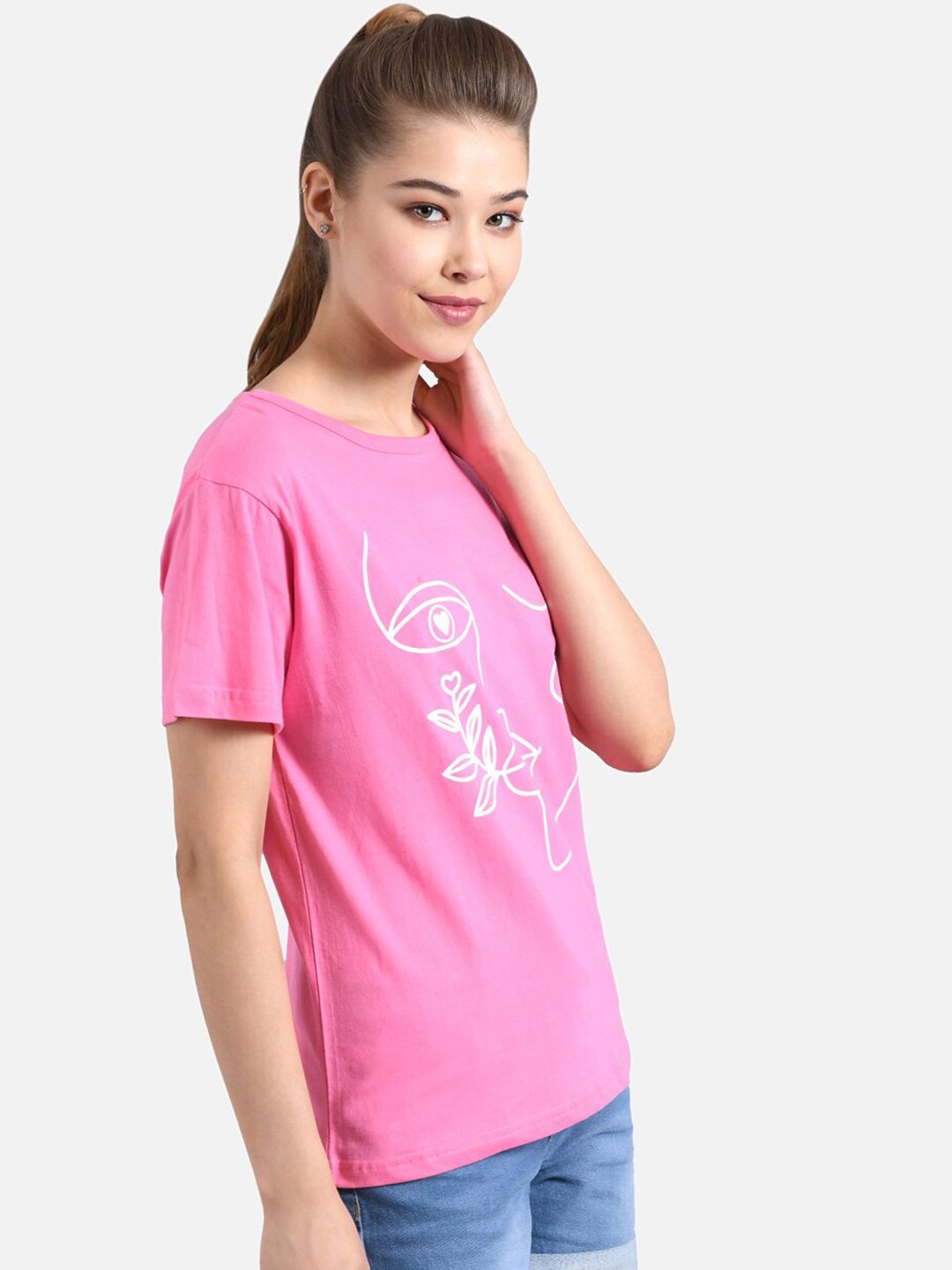 Kotty Women Pink & White Printed Round Neck T-shirt